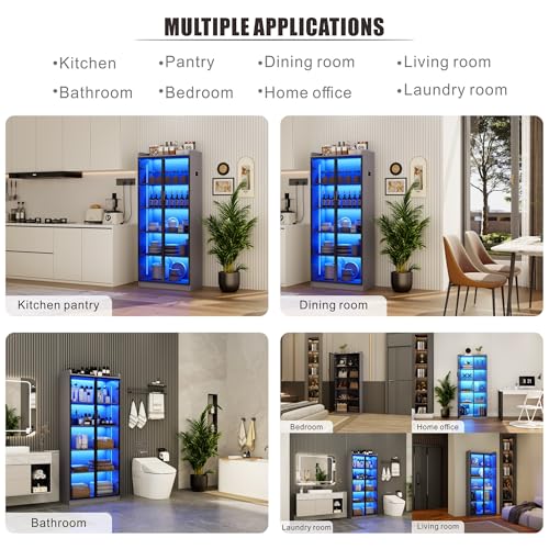 65" Tall Display Cabinet with Doors, Lighted Bookcase with Lights/Human Sensor, 5 Tier Display Case with Adjustable Shelves for Collectibles Bedroom Living Room Office, Grey-Smoked Black Door