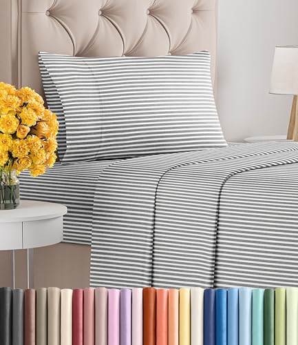 Image of Twin Size 3 Piece Sheet Set - Ultra Soft & Cooling Sheets - Grey Stripes 1 | Fits 8 Inch to 16 inch Mattress, Wrinkle Free & Fade Resistant with Deep Pockets, Breathable, Comfy Hotel Luxury Bedding