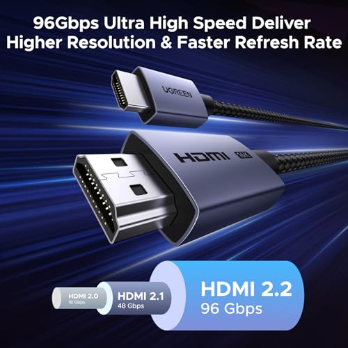 Image of UGREEN 16K HDMI 2.2 Cable 96Gbps 6.6FT, Ultra High Speed HDMI Cord Aluminum, 4K@480Hz 12K@120Hz 8K@240Hz, HDCP 2.2&2.3, Lip eARC HDR 10 Compatible with PS5 /Blu-ray /Roku TV /Switch 2 /Mac mini M4