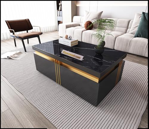 Image of Premium Marble-Top Wooden Center Table for Living Room | Coffee Table | Contemporary Design Craftsmanship (Black - 42x24x17 Inch)