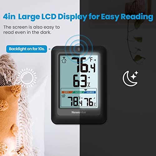 Newentor Indoor Outdoor Thermometer Wireless, Remote Temperature Monitor Hygrometer, Outside Inside Thermometers With Comfort Indicator, 4 Inch Screen Humidity Gauge, 328Ft Range For Home Patio, Black #TOP4