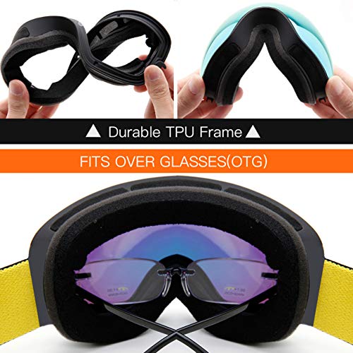 Image of JULI Kids Ski Goggles,Interchangeable Double Layer Spherical Lens,OTG Anti-Fog Snowboard Skate Snow Goggles Age 4-16 4300(Gold)