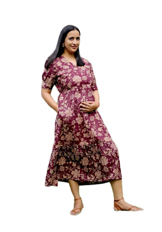 label vedaa Maroon Floral Cotton Nursing Dress-picture-51