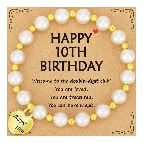 Happy 5th 6th 7th 8th 9th 10th 11th 12th Birthday Bracelet Gifts for Girls, 14K Gold Heart Charms Pearl Jewelry for Her