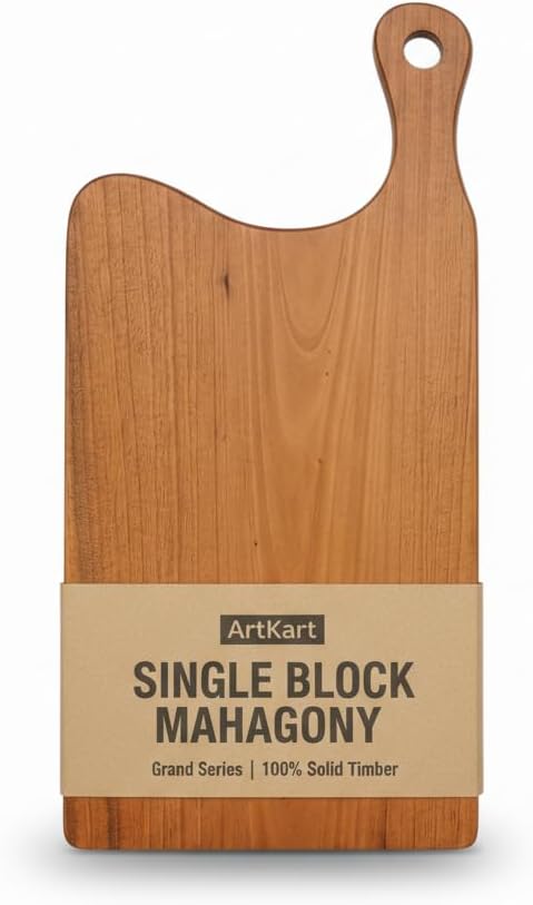Wooden Serving Platter & Chopping Board with Handle (Mahogany Single Block) - Cafe Series (Grand Paddle, 16 x 8 inch) | Heavy Duty Cutting Board for Pizza