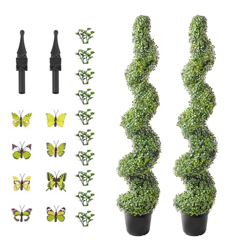 Happybuy Artificial Boxwood Topiary Tree, 60 inch Tall (2 Pieces), Spiral Faux Topiary Trees, Faux Plant with Extra Leaves & Pot, UV Rated Greenery Set for Home Decor Indoor/Outdoor