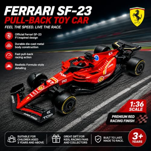 Image of Ferrari SF-23 F1 Racing Car Toy - 1:36 Scale Die-Cast Pull Back Model Car, Premium Red Finish, Durable Metal Body, Collectible Toy Vehicle for Kids Age 3+, Racing Fans & Collectors (Red)
