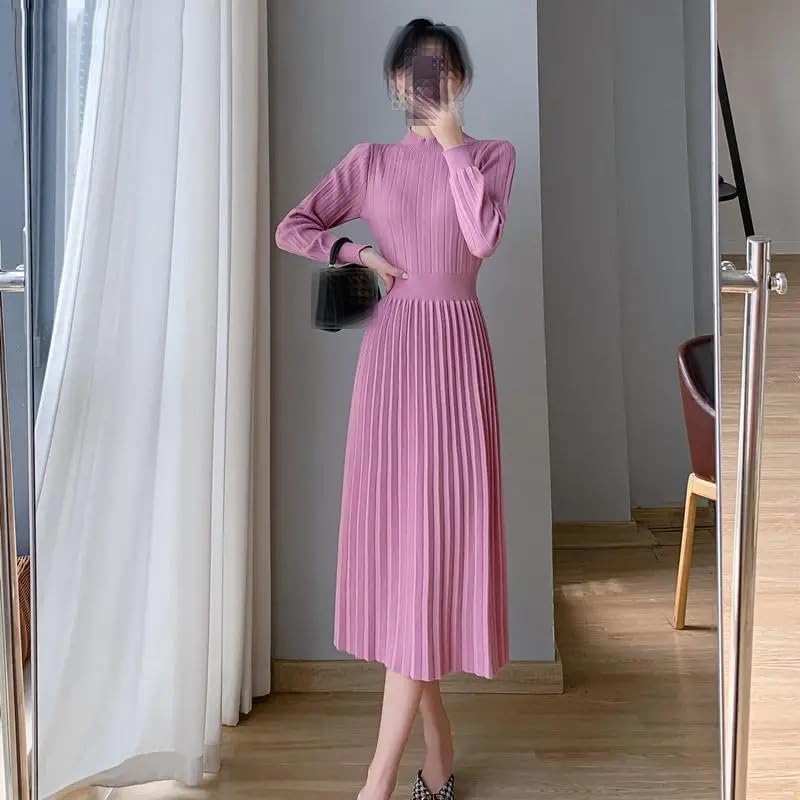 Vestido de punto de manga larga y cintura alta para mujer, vestido midi plisado para otoño e invierno