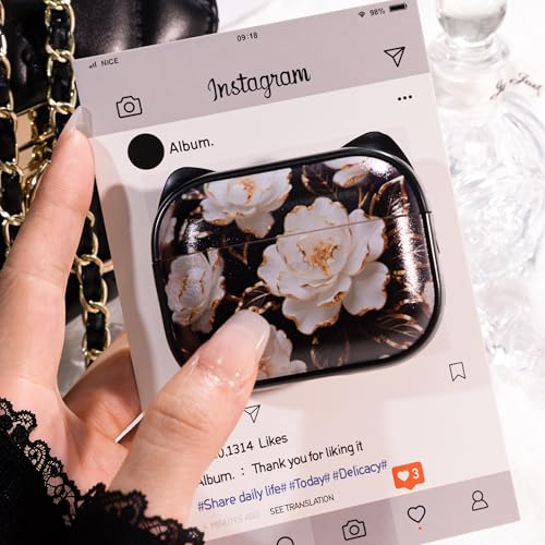 Image of for AirPods Pro 2 Case with Cleaning Kit, Cute Cat Ear Print Design & Cute Buckle for Girls, Phone Holder & Top Safe Lock Buckle Design for AirPods Pro 2nd /1st Gen case, Black Peony