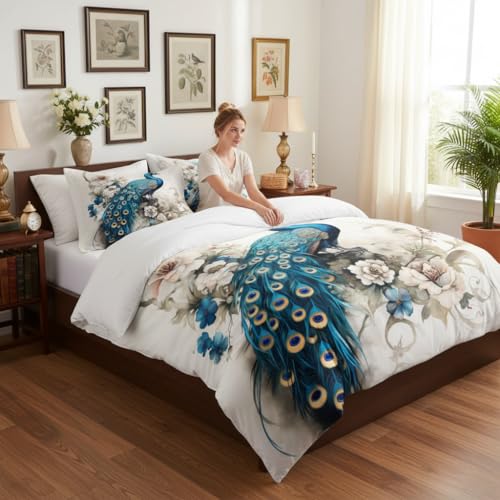 CCoutueChen Teal Peacock Bedding Set Queen Size Bird Floral Duvet Cover Victorian Tropical Bedding Set for Women Girls - 3Pcs Soft Breathable Microfiber with 2 Pillowcases(90 * 90) by CCoutueChen - Image 2
