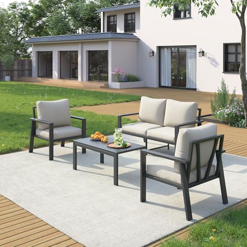 Image of UDPATIO Aluminum Outdoor Patio Furniture Set 4-Seat Metal Patio Conversation Sets with Coffee Table and Water-Resistant Cushions, Modern Patio Sectional Sofa for Porch, Deck, Backyard, Poolside