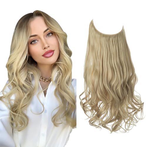 SARLA Invisible Wire Hair Extensions Wavy Curly Synthetic Hairpiece Long 18 Inch Adjustable Transparent Headband for Women