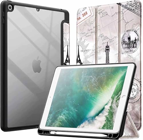 Image of ProElite Smart Flip Case Cover for Apple iPad 9.7 inch 2018 /2017 5th 6th Generation, Clear Soft Back with Pencil Holder, Eiffel