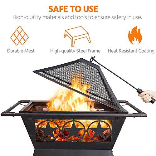 Yaheetech 32In Outdoor Fire Pit Metal Square Firepit Wood Burning Backyard Patio Garden Beaches Camping Picnic Bonfire Stove With Spark Screen, Log Poker #TOP3