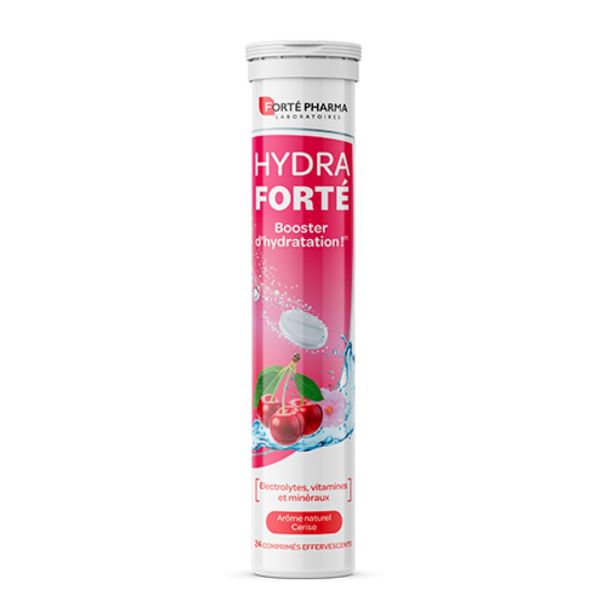 Forté Pharma - Hydra Forté Cerise - Electrolyte ydratation - Vitamine C Magnesium, Vitamine D, Potassium - Sport, Chaleur, Voyage - 24 comprimés effervescents, 1-​2/​Jour