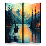 Scumlovy Biombo Divisor de ambientes de 4 Paneles, Estilo Vintage, Vaquero Occidental, Mediados de Siglo, Antiguo, melancólico, Retro, estético, Caballo, Madera, Plegable, Lienzo de Pared, Separador