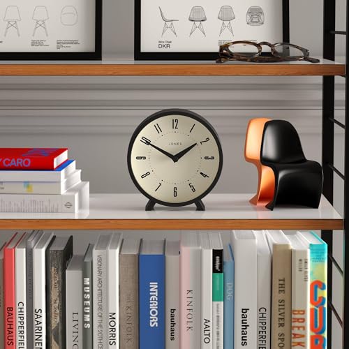 JONES CLOCKSยฎ Venus Desk Clock | Modern Round Design | Black | Stylish Retro Look for Shelf, Table, Mantel or Bedside