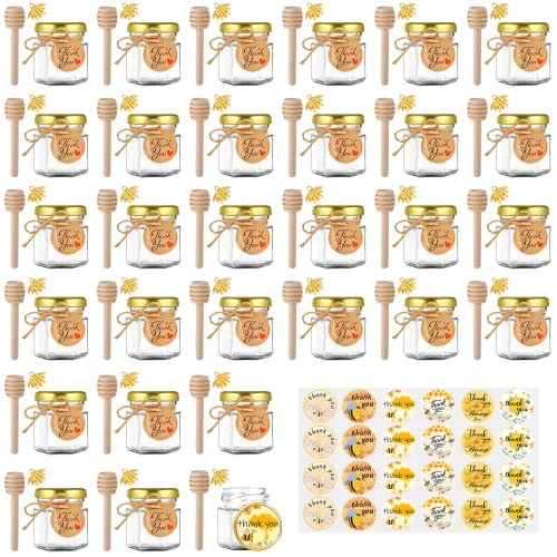 GIVAMEIHF Mini Glass Honey jars-1.5 oz,30 pcs Hexagon Honey Jars with Wooden Dipper,Gold Lid,Bee Pendant,Rope,Mini Honey Jars with Dipper,Perfect for Baby Shower,Wedding Favors,Party Favors