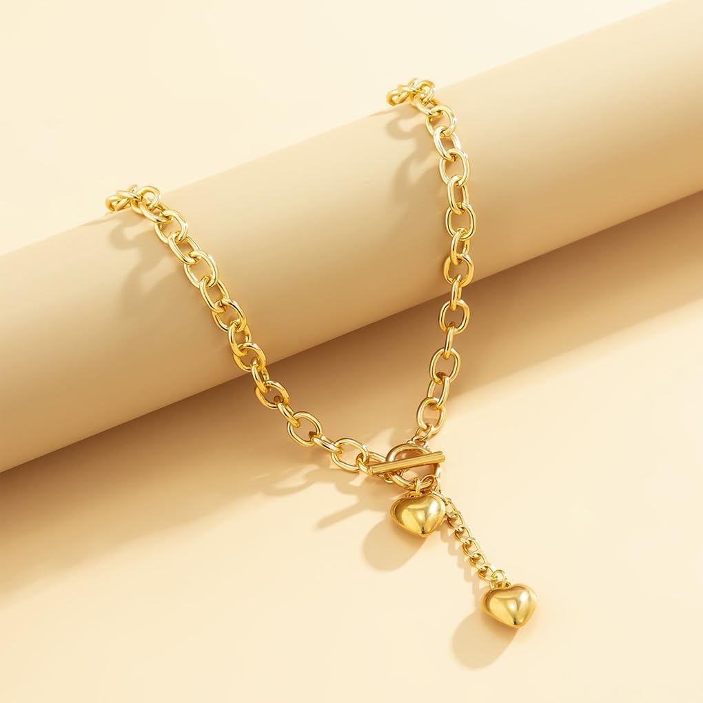 Chunky Gold Heart Ot Buckle Necklaces for Women Double Heart Toggle Clasp Pendant Necklace Hip-Hop Love Chain Choker Necklace Jewelry Accessories - Image 6