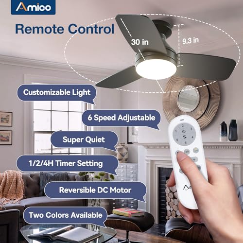 Image of Amico Ceiling Fans with Lights, 30 inch Low Profile Ceiling fan with Light and Remote Control, Flush Mount, Reversible, 3CCT, Dimmable, Noiseless, Black Ceiling Fan for Bedroom, Indoor /Outdoor Use