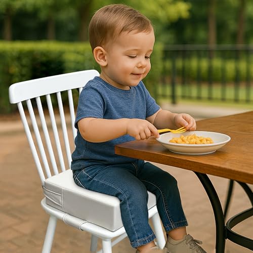 Image of Toddler Booster Seat for Dining Table - PU Washable Cushion with Double Safe Straps, Non-Slip Bottom, Portable Travel Booster Seat for Toddlers (Grey)
