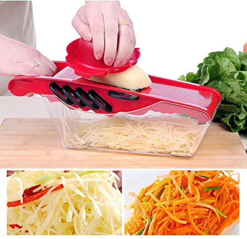 SuperB2C 5 in 1 Mandoline Slicer,Julienne Vegetable Slicer,Food Container Cutter for Cucumber, Onion, Cheese with 5 Stainless Steel Blades (Red)