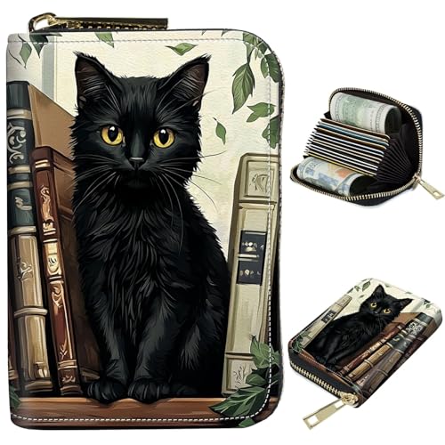 BWEGRHE Cute Credit Card Holder with Zipper, Black Cat Books RFID-Blocking Card Case Small Wallet for Women Men, Multi-slot Card Organizer Case Travel Accordion Wallet