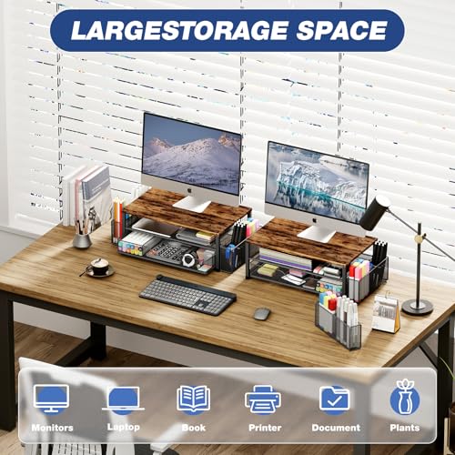 Image of OPNICE Desk Organizer and Accessories, 2-Tier Computer Monitor Stand Riser with Drawer and 2 Pen Holders, Laptop Stand, Office Desk Accessories for Office Supplies, 1 Pack, Brown