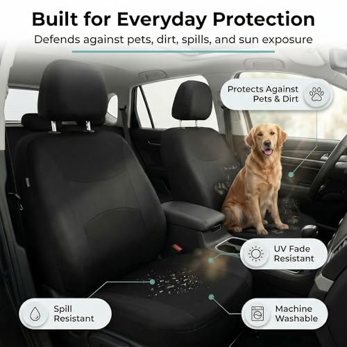 Image of FH Group Universal Car Seat Covers Front Set for SUV Truck Sedan Vans | Waterproof All-Purpose Cloth Seat Cover Set Airbag Compatible Washable Split Bench Protector Interior Upgrade - Black