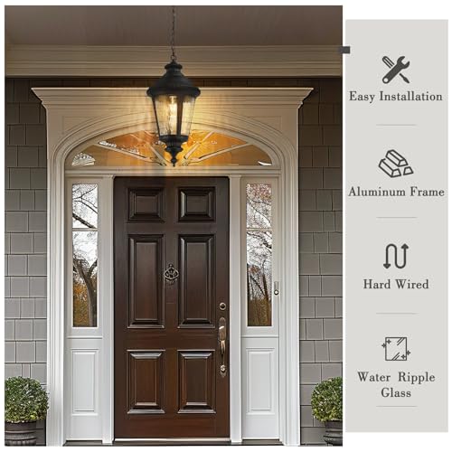 Image of Emliviar Large Outdoor Pendant Lights for Porch, 25 inch Black Exterior Hanging Lantern with Water Ripple Glass, XE265H-SW BK