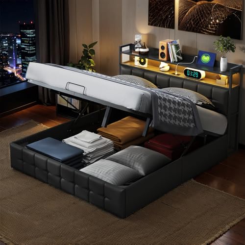 PerGar Bett 140x200 mit LED und USB, Polsterbett mit Hydraulisch stauraum, Kopfteil mit Stauraum, Doppelbett, Stauraumbett, Bettgestell, Lattenrost, schwarz, PU-Leder, Ohne Matratze