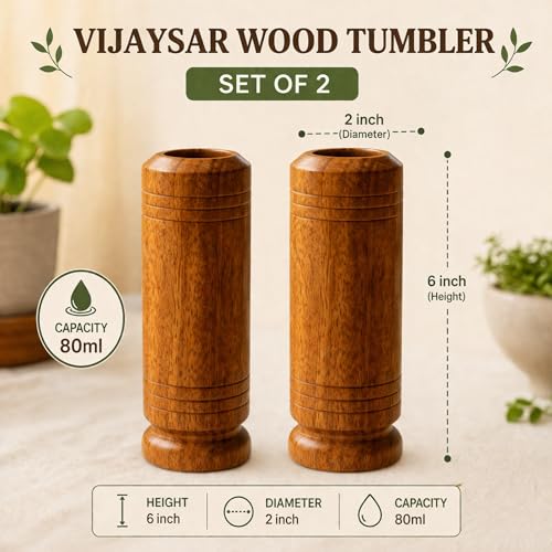 Image of 100% Vijaysar Wooden Glass Tumbler Lab Certified Approved by Ayurvedic Doctor, Set of 2 Sugar Control Wood, 80 ml Each, Indian Kino Wood Cup Helps Maintain Blood Sugar Levels, Chemical Free, Reusable