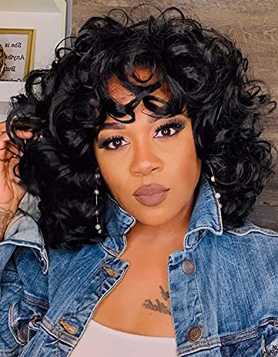 Perücke gewellt mit Pony, kurz, lockig, Afro-Perücke für schwarze Frauen, niedlich, modisch, natürlich aussehend, synthetisches Haar, Ersatzperücke, hitzebeständig, für den Alltag Cover