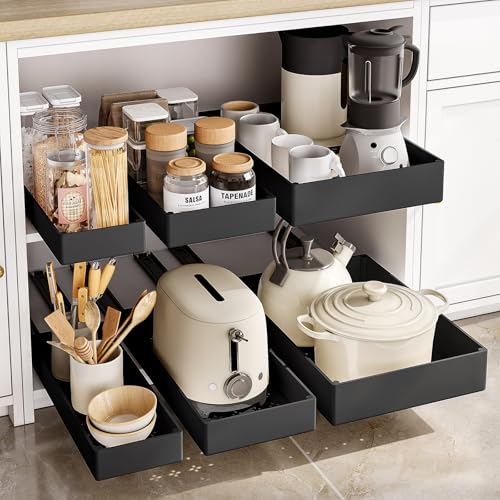 SOLEDI 3 Pack Pull Out Cabinet Organizer, Pull Out Drawer for Kitchen Cupboard, No Drill for Kitchen Cabinets, Bathroom Cabinet, Pantry, Office, Slide Out Drawers Storage Shelf, Black 3 Sizes
