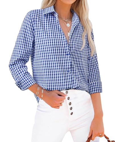 siliteelon Button Down Shirts for Women Gingham Top Plaid Long Sleeve Dress Shirts Cotton Fitted Casual Work Collared Blouse2