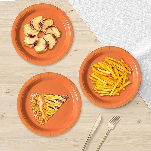 Image of Orange Disposable Paper Plates, 7 Inch Dessert Cake Plates, 50 Count Bulk | Sturdy and Durable Party Plates, for Birthday, Baby & Bridal Showers, Halloween, Christmas,BBQ, Weddings,for Cake & Snacks