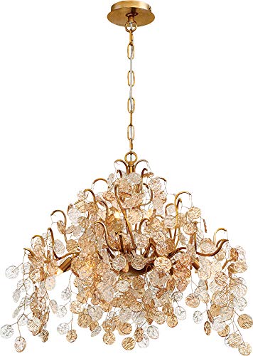 Eurofase 29059-010 Campobasso Hand Pressed Clear & Amber Glass Wafer Pendant Light, 8-Light 320 Total Watts, 21"H x 26"Dia, Antique Gold