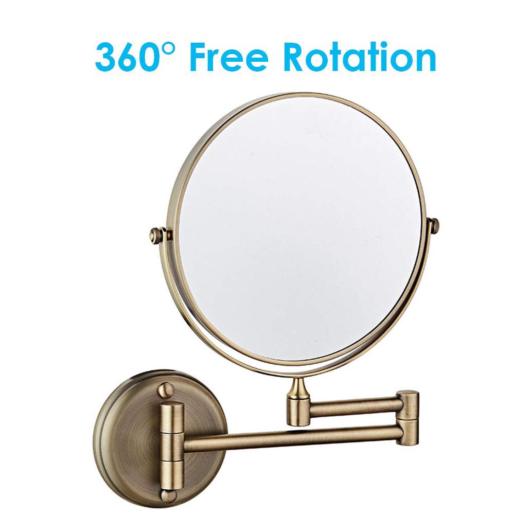 Espejo de maquillaje montado en la pared de 8 pulgadas con aumento, espejo de baño de pared con aumento, giratorio de 360 grados, brazo extensible, redondo, sin luz, para baño (bronce verde