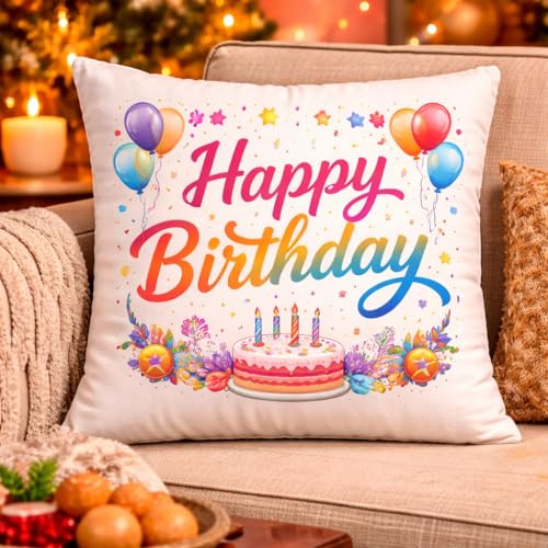 Image of Premium Happy Birthday Throw Pillow Cushion 16x16 Inch with Filler | Cute Kids Birthday Design for Boys & Girls | Birthday Decoration Cushion for Home, Sofa & Party Decor