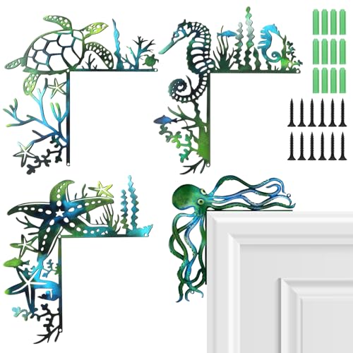 Image of MorningRo 4 Pcs Ocean Door Frame Decoration Set Metal Octopus, Sea Turtle, Seahorse and Starfish Wall Art Decor Beach Themed Corner Sign Bathroom Decor for Indoor Outdoor Door Window Home Office
