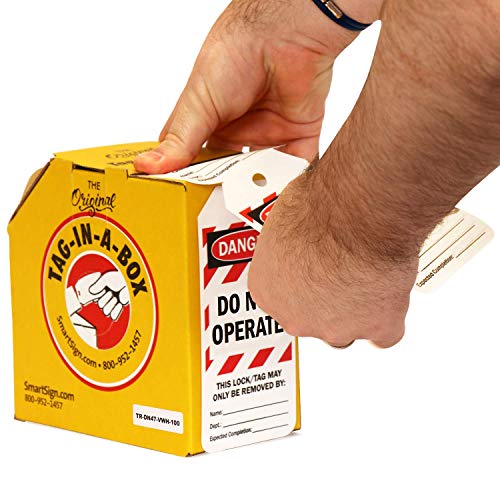 Smartsign Pack Of 100 “Danger - Do Not Operate” 2-Sided Lock Out Safety Tags In Dispenser Box | 3" X 6.25" Plastic, Red White Stripes #TOP3