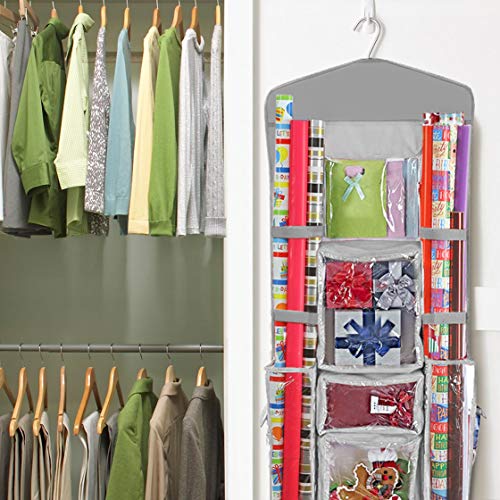 Propik Hanging Double Sided Christmas Gift Wrapping Paper Storage Organizer With Multiple Pockets Organize Your Gift Wrap, Gift Bags Bows Ribbons 40"X17" Fits 40 Inch Rolls Clear Pvc Bag (Grey) #TOP6
