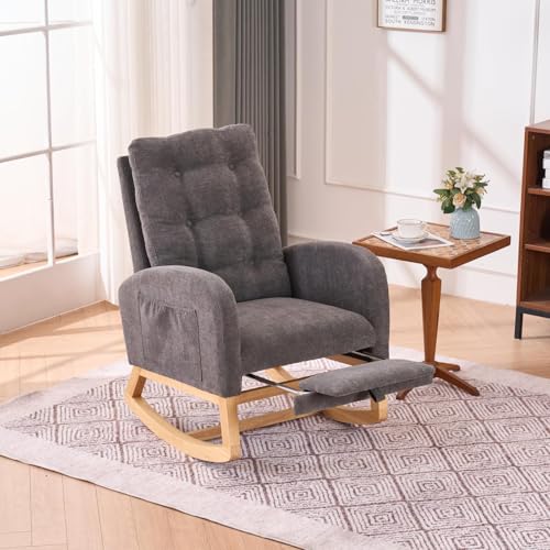 Quorflax Nursery Rocking Chair,Rubber Wood Base Glider Rocking Chair with Adjustable Footrest and Side Pocket,Teddy Fleece Glider Rocker for Living Room, Bedroom (Shaker Fleece, Gray)