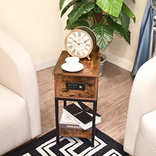 Szlhanjz Nightstand With Charging Station, Narrow End Table With Storage Drawer, Wood & Metal Narrow Nightstand 2 Tier, Small Sofa Bed Side Table For Living Room Bedroom Dorm, Dark Brown #TOP4