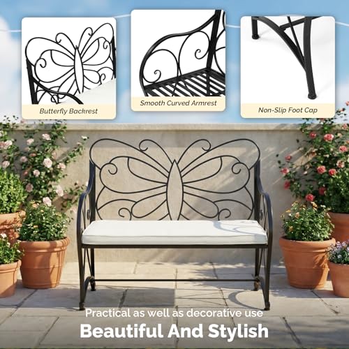 Image of VINGLI 38.7in Cast Iron Outdoor Bench with Cushion, All Weather Resistant Metal Bench with Curved Armrests and Butterfly Pattern Backrest, 1-2 Person Patio Bench for Garden Porch Park Yard (Black