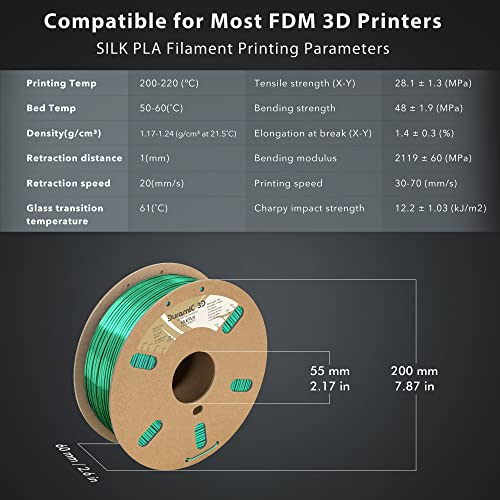 Image of DURAMIC 3D Silk PLA Filament Pure Shinny High Gloss Finish 1.75mm | 3D Printing Filament with Cardboard Spool,No-Tangling Neatly Wound Dimensional Accuracy 99% + /- 0.03mm 1KG Silk Green