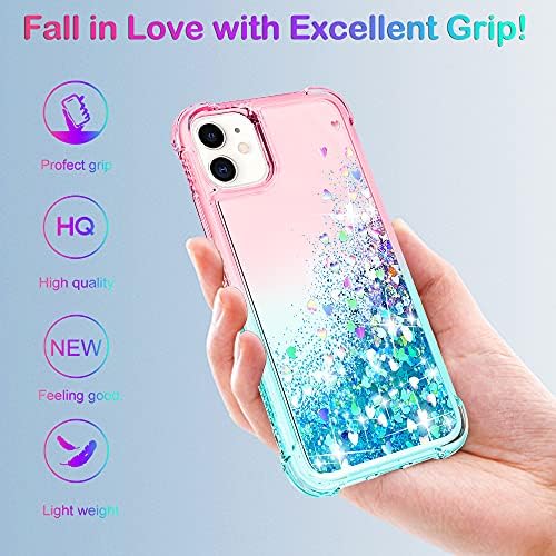 Compatible with iPhone 11 Case [with Screen Protector] Clear Liquid Heart Glitter Bumper Cover Soft TPU Cover Transparent Girly Protective Holographic Heart Phone Case for iPhone 11,Pink/Teal