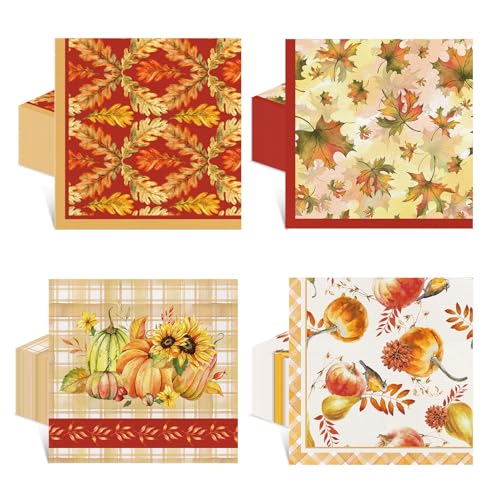 Tiamon 200 Pcs 3 Ply Thanksgiving Cocktail Napkins 6.5 x 6.5 Inch Pumpkin Maple Leaves Guest Napkins Disposable Fall Luncheon Napkins Paper Towels for Autumn Harvest Dinner Tableware Supplies