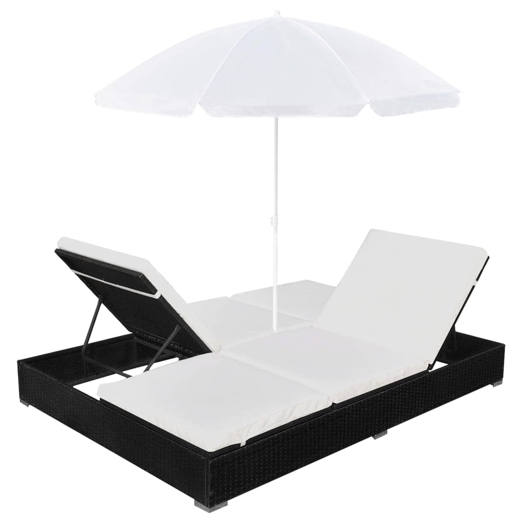 vidaXL Tumbona con Sombrilla Jardín Mueble Hamaca con Parasol Piscina Asiento Sofá Exterior Patio Terraza Ratán Sintético Negro Material Tipo Mimbre