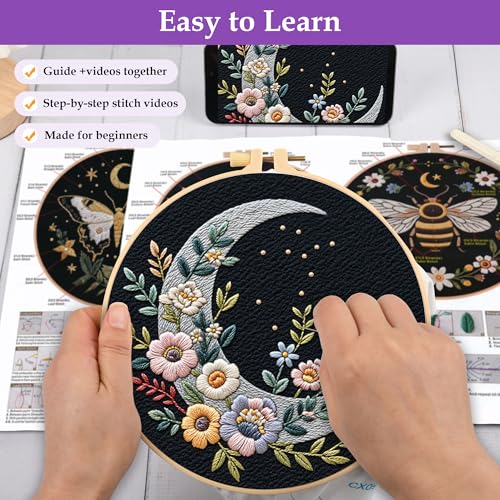 Image of Uniartfy 3 Sets Butterfly Bee Moon Embroidery Kits for Beginners, DIY Cross Stitch Starter Craft Kit for Adults, Needlepoint Kits Including Cloth with Flower Plant Pattern, Hoop, Tools, Instructions